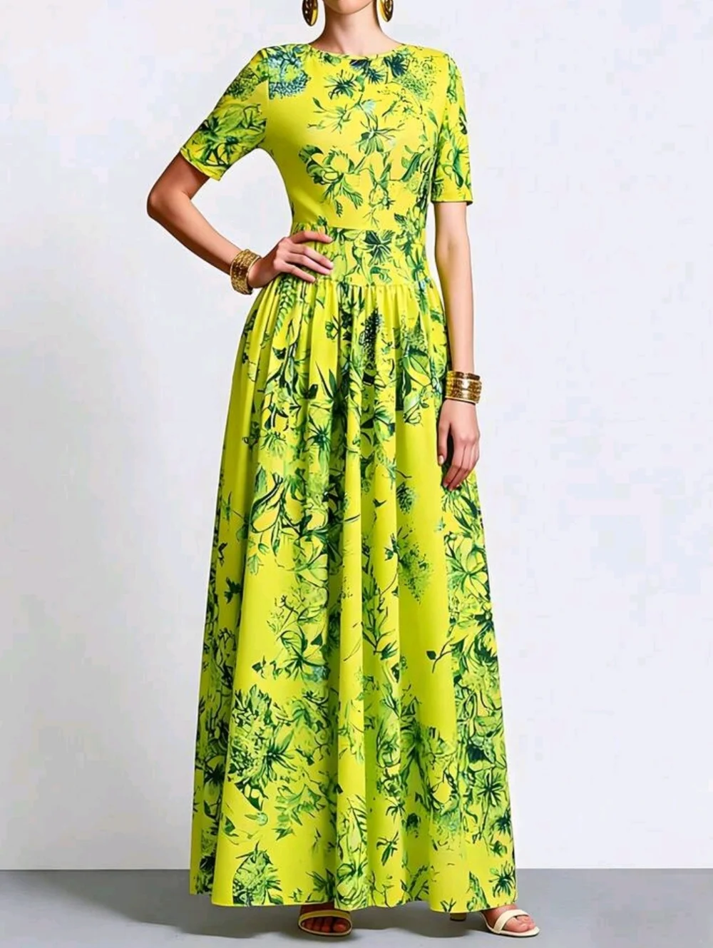 Elegant Lime Green Floral Bohemian Style Dress For Women, Spring/Summer - Picture 4 of 6